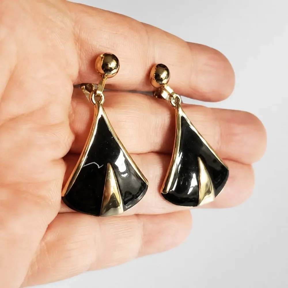 Vintage Dangle Clip on Earrings Gold‎ & Black Enameled 1.5